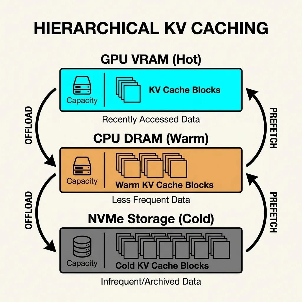 KV 캐시 블록을 GPU VRAM, CPU DRAM, NVMe Storage의 계층에 나누어 저장하는 구조입니다.