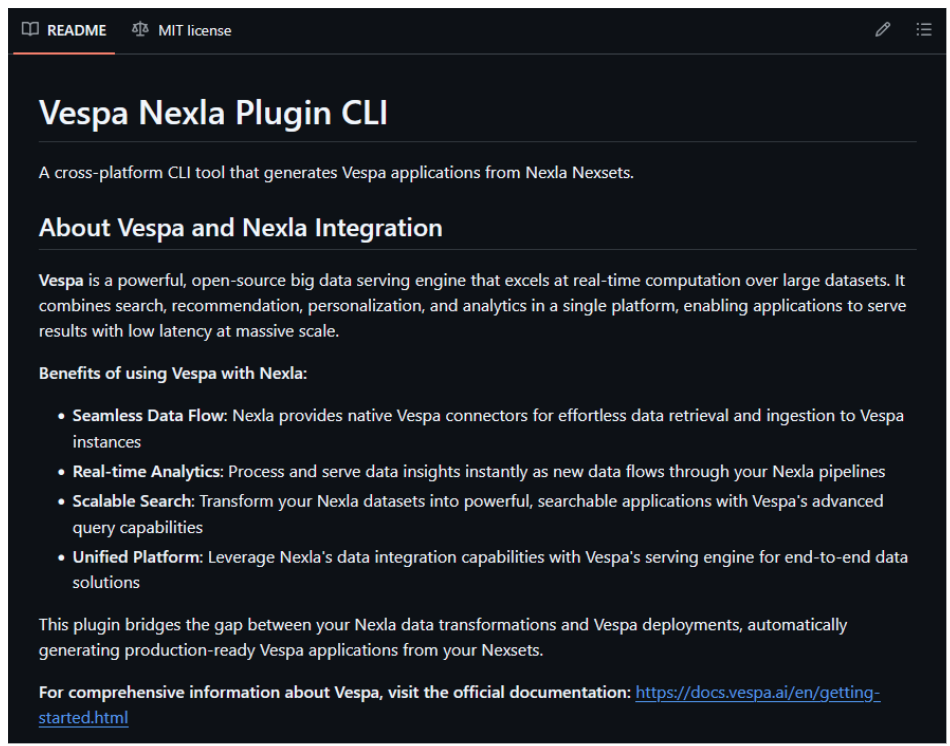 Vespa Nexla Plugin CLI의 GitHub README 문서 화면이다.