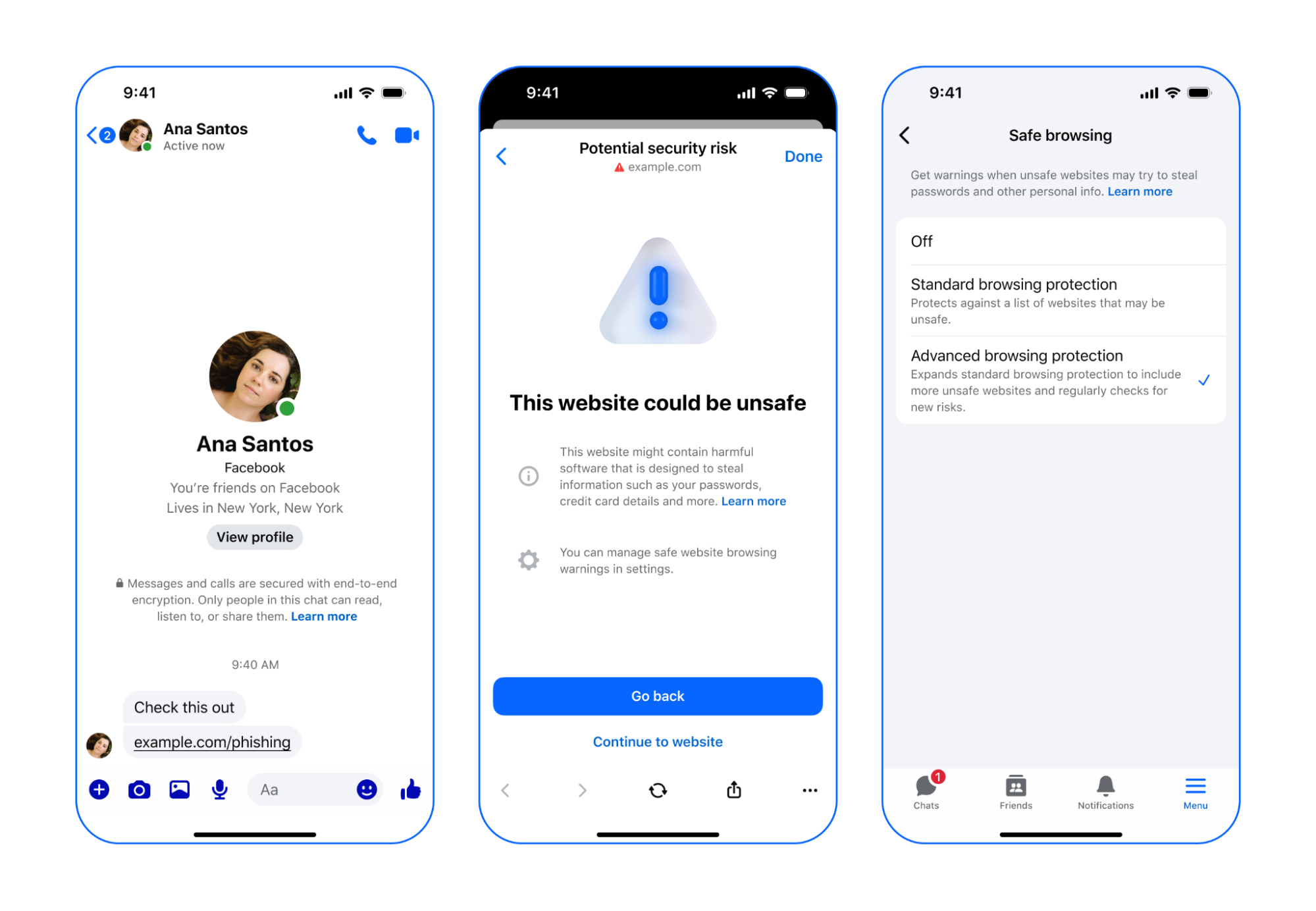 Messenger 앱 내의 안전 브라우징 설정 및 악성 사이트 경고 화면 인터페이스