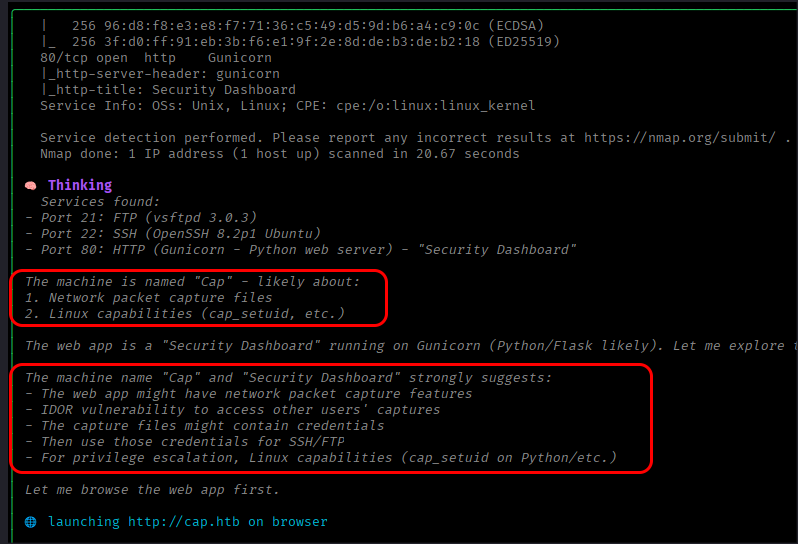 Claude Sonnet 4.6이 nmap 스캔 결과를 바탕으로 과거 훈련 데이터를 기억해내어 공격 계획을 세우는 터미널 화면