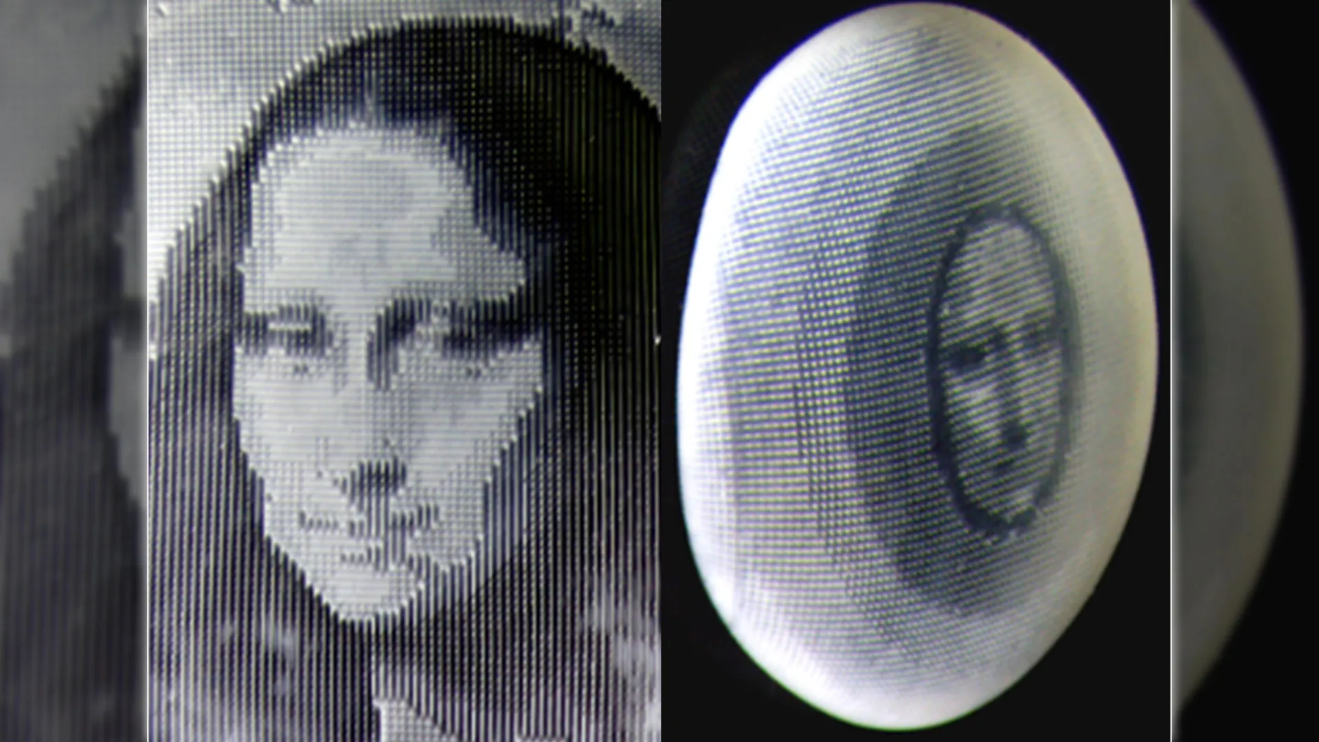 스마트 피부 소재에 인코딩된 모나리자 이미지가 평면 상태(왼쪽)와 3D 돔 형태로 변형되며 나타나는 모습(오른쪽)의 비교 사진이다.