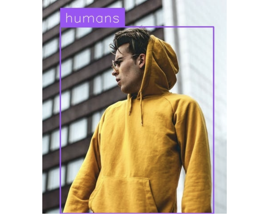 Florence-2 모델이 이미지 내의 인물을 'humans' 클래스로 정확히 탐지하여 바운딩 박스를 표시한 예시이다.