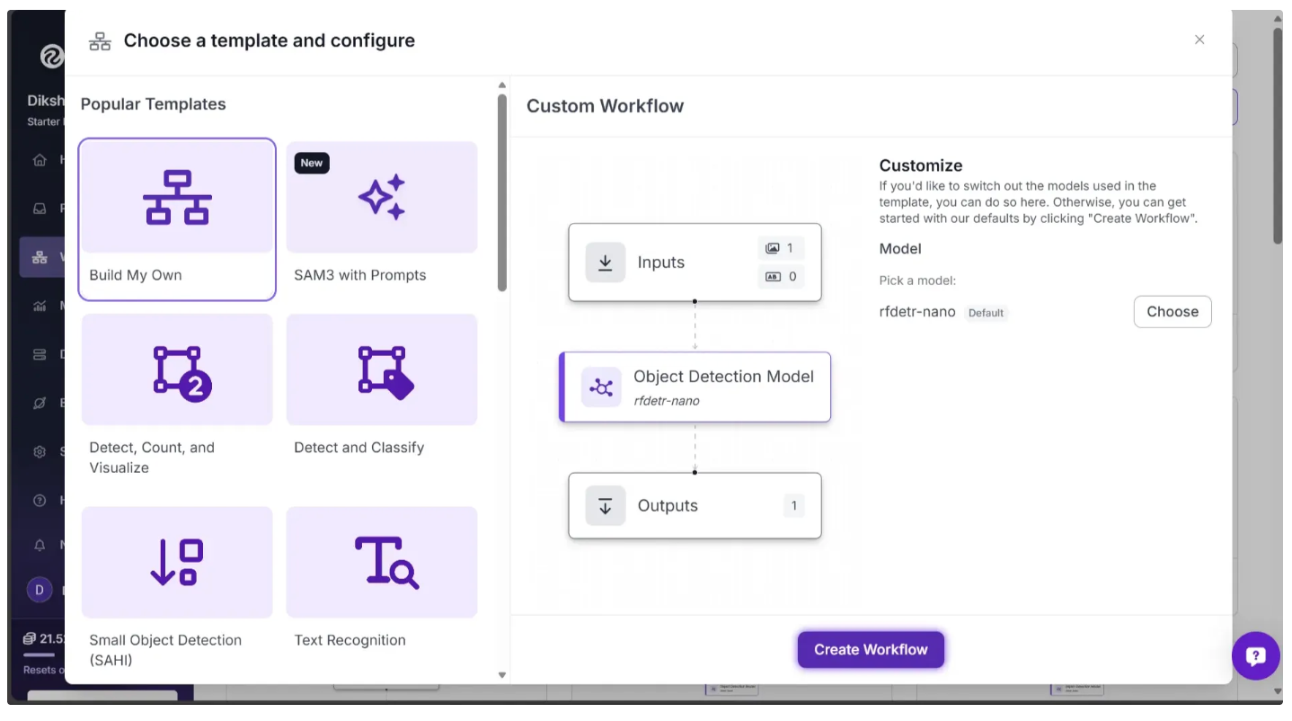 Roboflow Workflows의 템플릿 선택 화면이다.