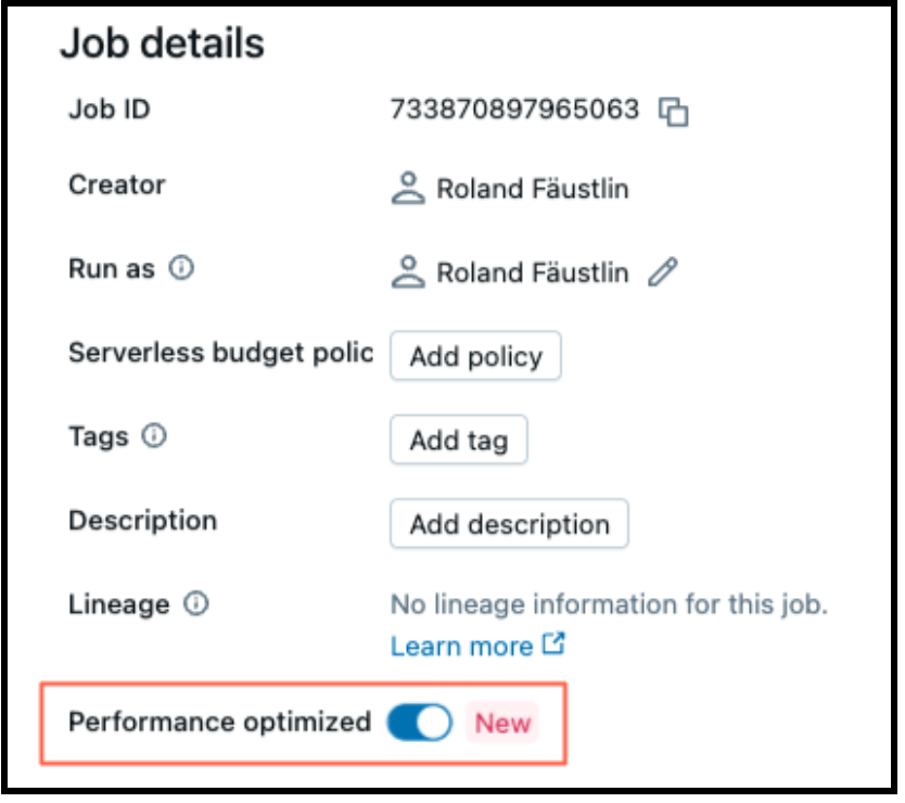 Job details UI에서 Performance optimized 토글을 통해 성능 모드를 전환하는 방법을 보여준다.