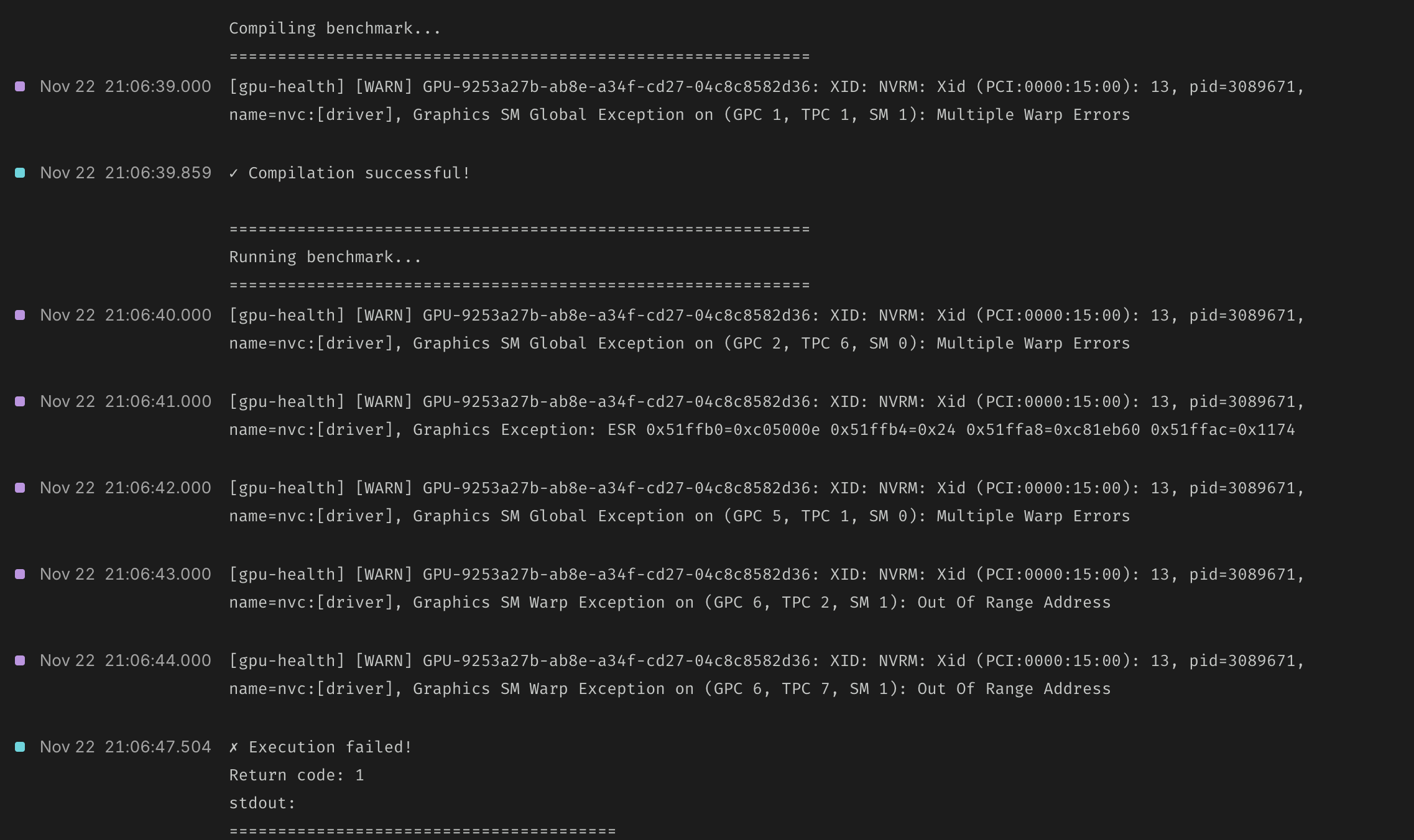 컨테이너 로그 스트림에서 감지된 Xid 13 에러 로그 화면이다.