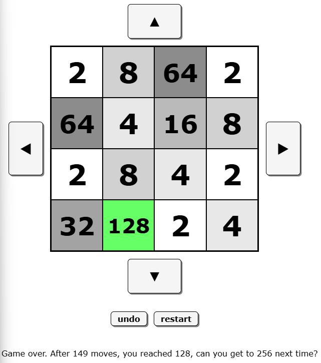 2048 게임을 플레이한 후 128 타일에 도달하고 멈춘 Auto Browse의 실행 화면이다.
