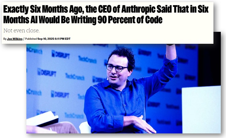 Anthropic CEO가 6개월 내에 AI가 코드의 90%를 작성할 것이라고 예측했다는 기사 헤드라인이다.