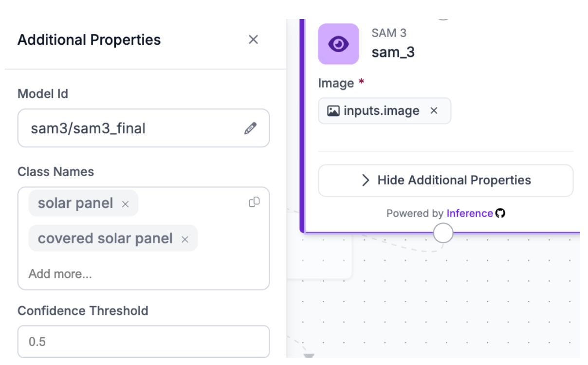 SAM 3 블록의 세부 속성 설정 화면으로 모델 ID와 감지할 클래스 이름을 입력하는 창이다.