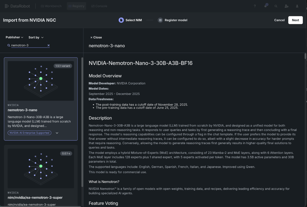 NVIDIA NGC에서 NIM 모델을 DataRobot으로 임포트하는 인터페이스 화면