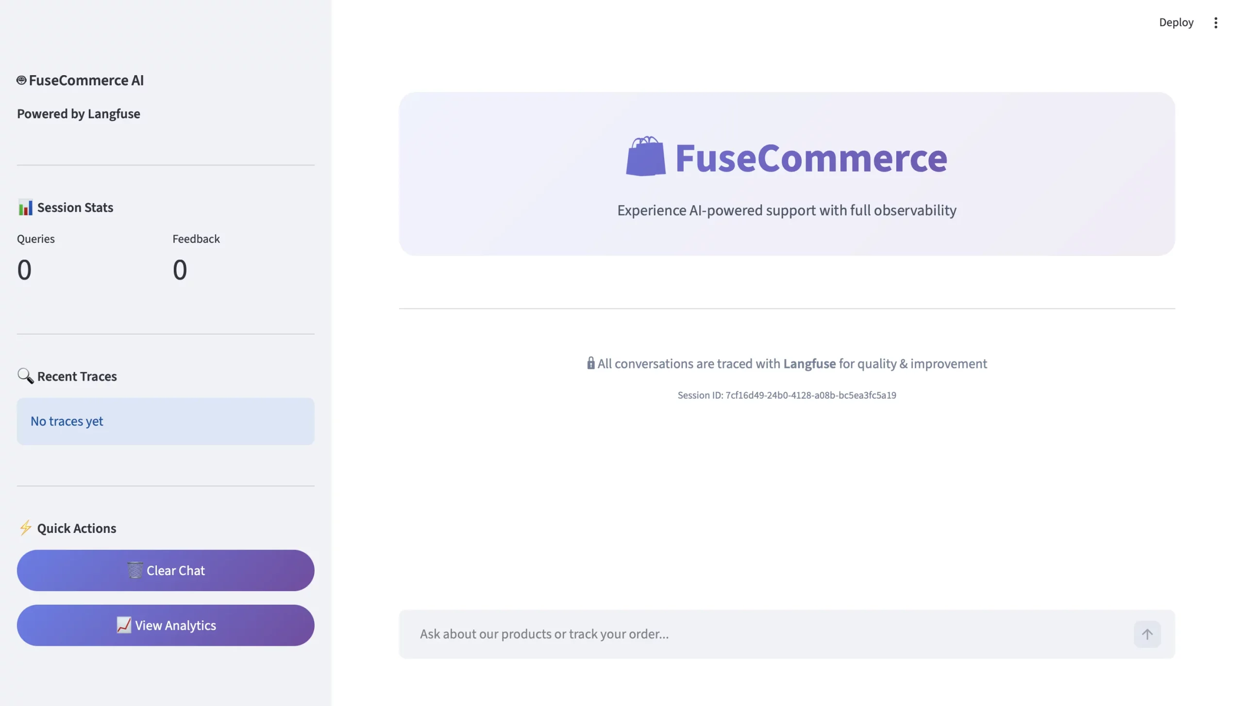 Streamlit으로 구현된 FuseCommerce AI 지원 에이전트의 초기 대시보드 화면이다.