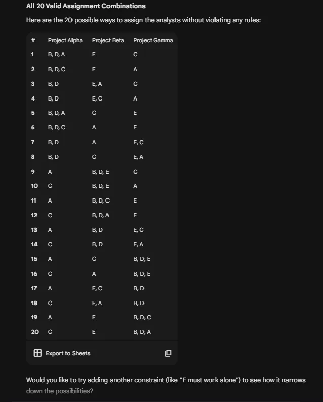 논리 퍼즐의 최종 결과물인 20가지 유효 조합 리스트이다.