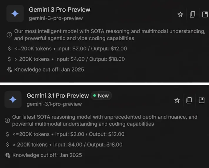 Gemini 3.1 Pro의 가격 정책과 지식 컷오프 정보를 담은 모델 카드이다.