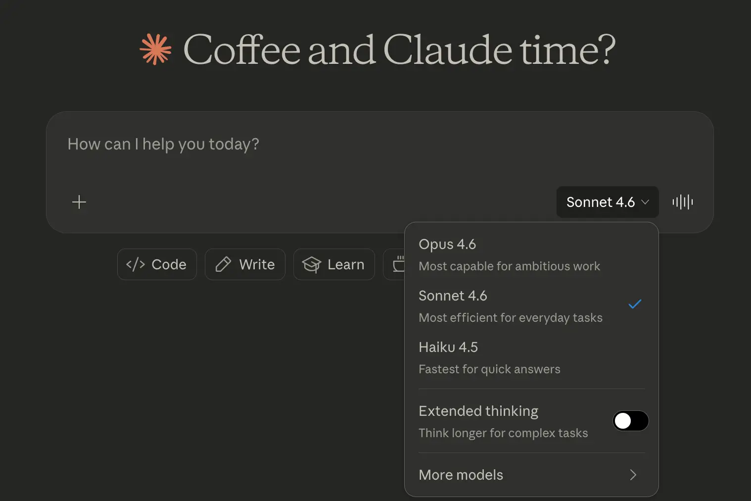 Claude 인터페이스의 모델 선택 메뉴와 Extended Thinking 토글 스위치 화면