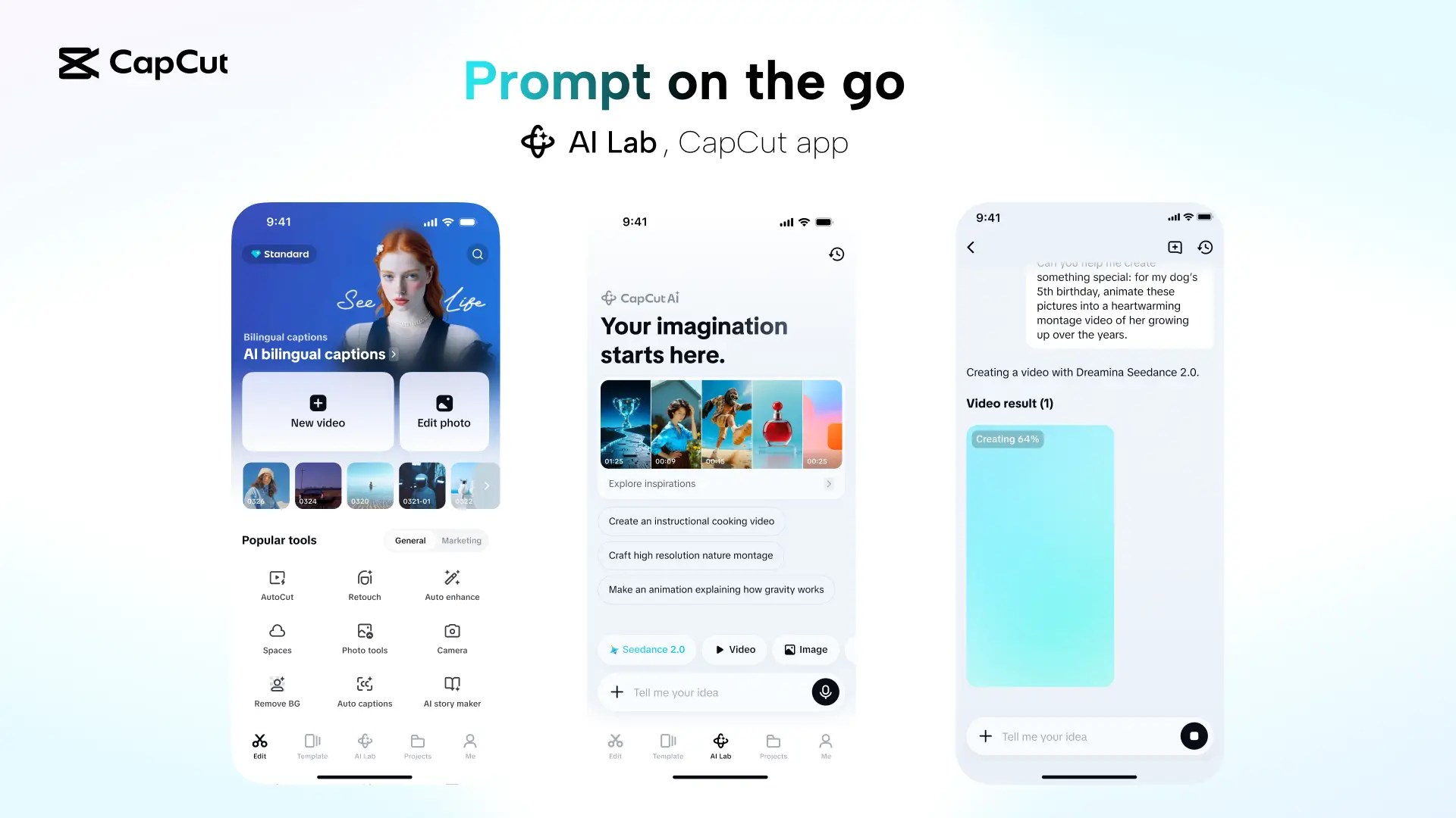 CapCut 모바일 앱의 AI Lab 기능과 영상 생성 과정을 보여주는 스크린샷이다.