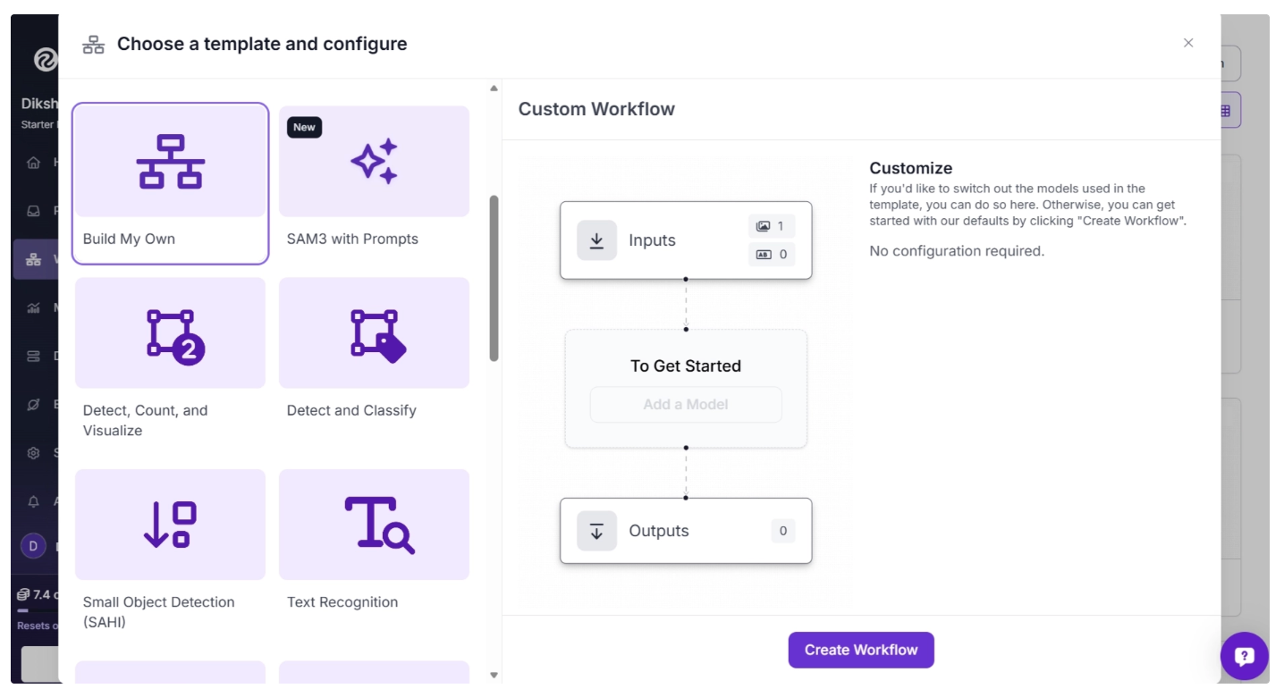 Roboflow Workflows의 템플릿 선택 화면