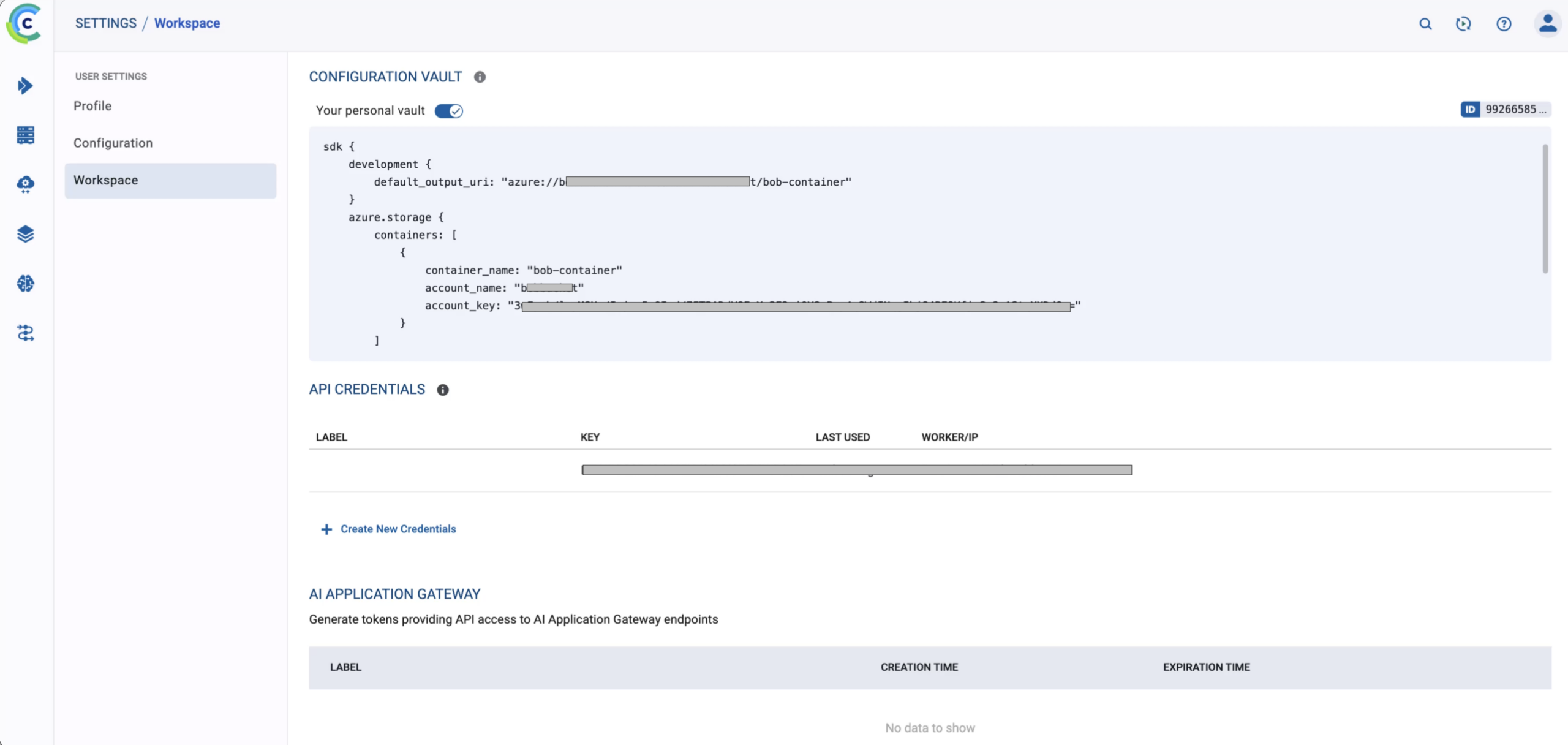 개인 사용자의 Vault 및 API 자격 증명 관리 화면이다.