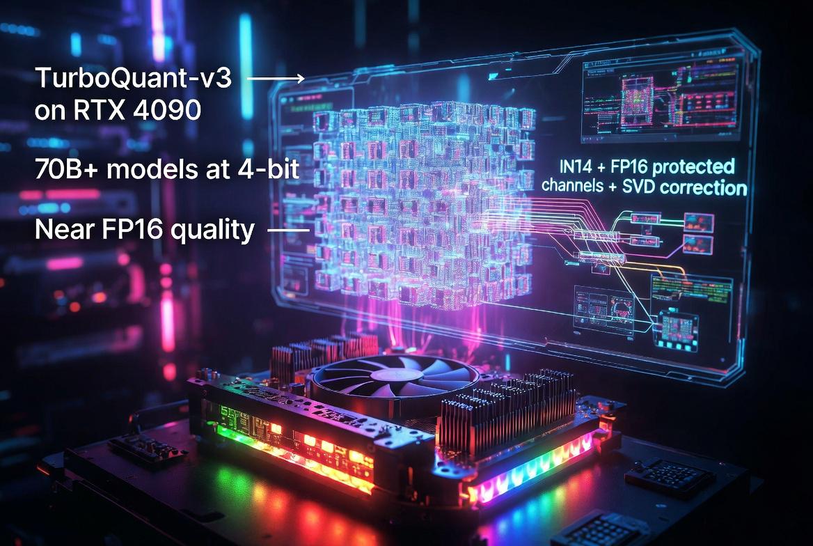 RTX 4090에서 TurboQuant-v3를 구동하는 하드웨어 구성과 주요 특징을 보여주는 인포그래픽이다.