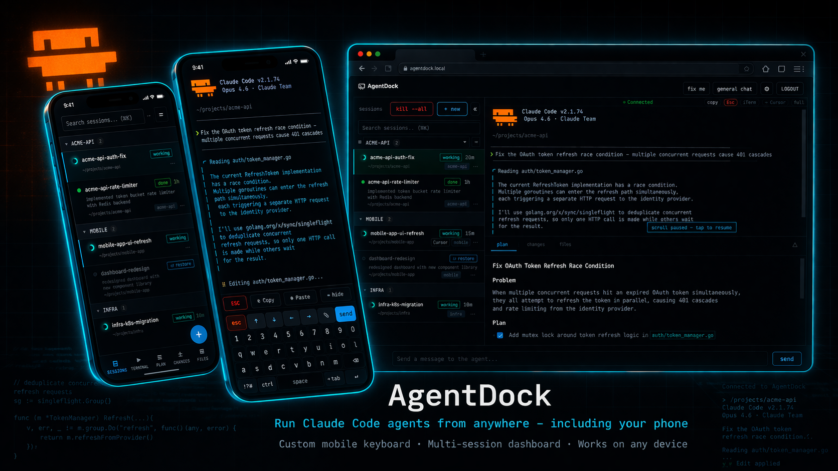 AgentDock의 모바일 및 데스크톱 UI 실행 화면