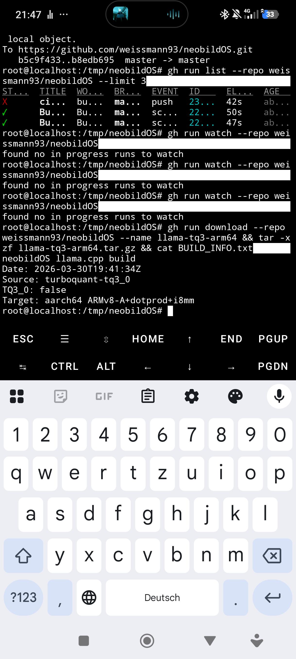 Termux 터미널에서 실행된 빌드 정보 확인 화면