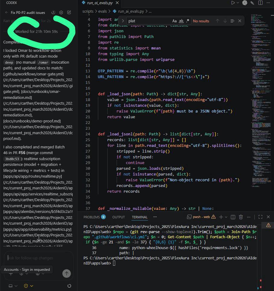 Codex 인터페이스와 21시간 작동 기록, 그리고 실행 중인 Python 코드를 보여주는 스크린샷이다.