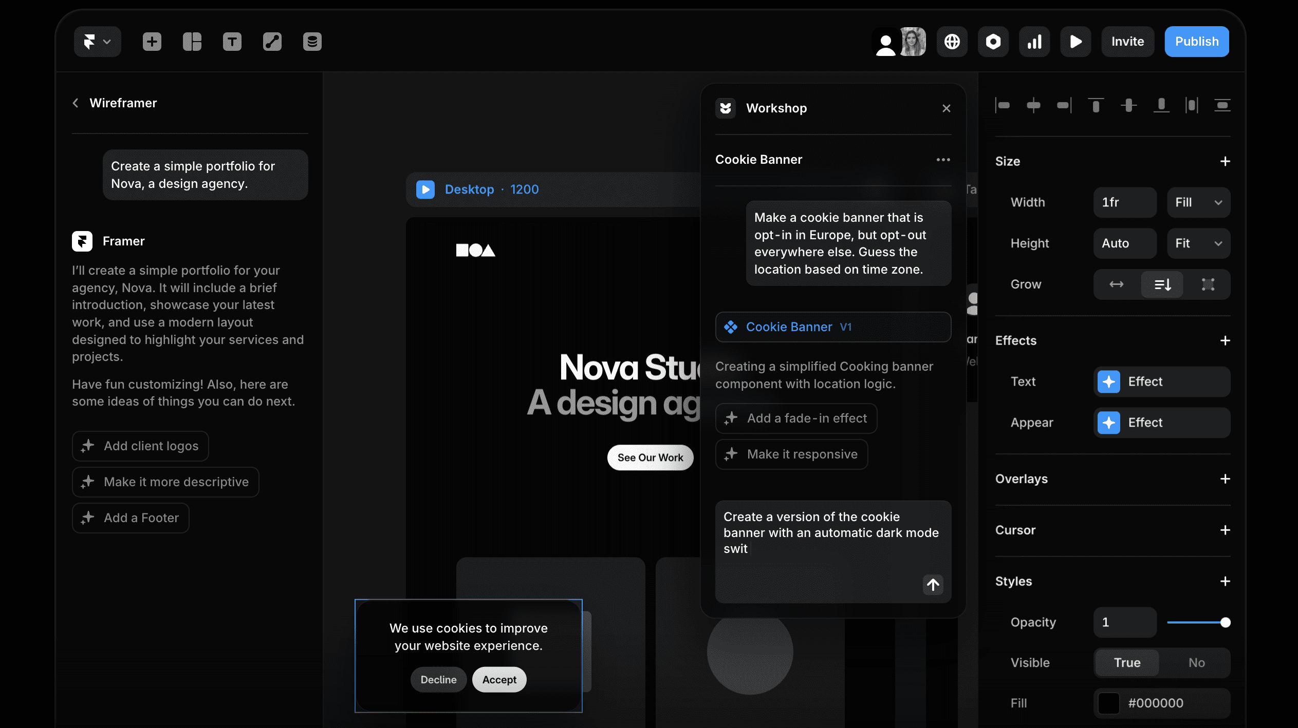 Framer AI의 와이어프레임 생성 및 컴포넌트 편집 화면