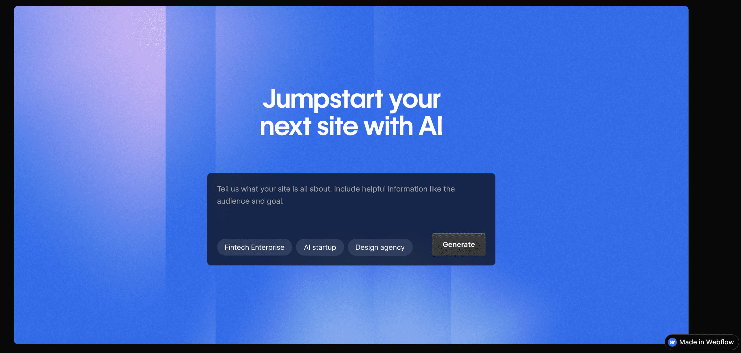 Webflow AI의 사이트 생성 시작 화면