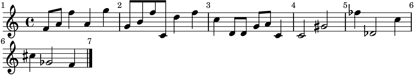 F4, A4, F5, A4, G5 음표가 포함된 단일 마디 악보 이미지다.