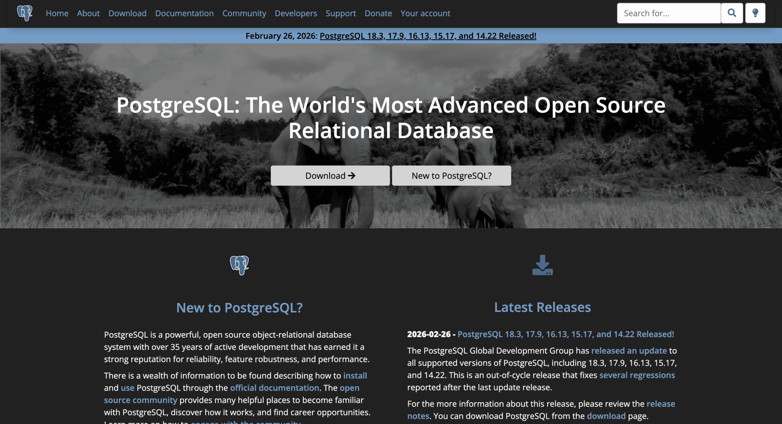 PostgreSQL 공식 웹사이트의 메인 화면