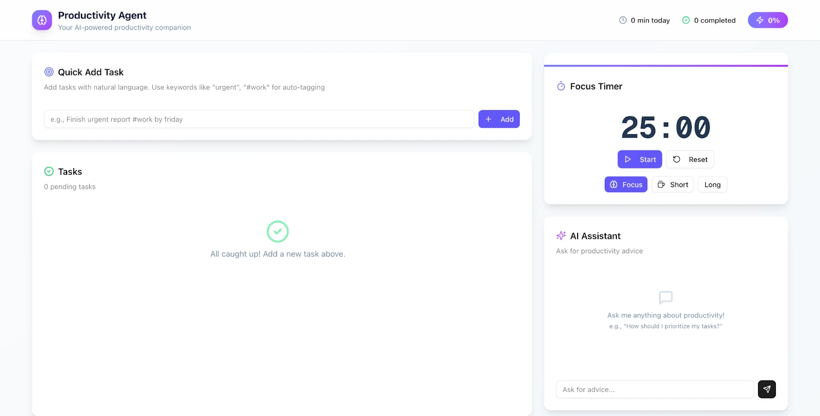 완성된 생산성 에이전트의 포모도로 타이머 및 AI 어시스턴트 UI