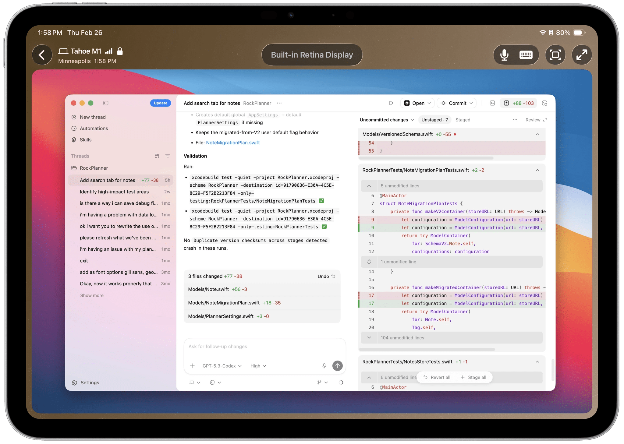 iPad에서 실행 중인 Workbench 앱을 통해 Mac의 코딩 및 AI 에이전트 실행 화면을 원격으로 제어하는 모습