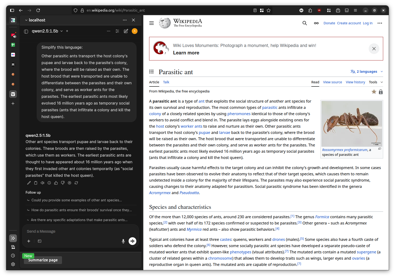 Firefox 사이드바에서 Qwen2.5 모델을 사용하여 로컬 LLM과 대화하는 모습