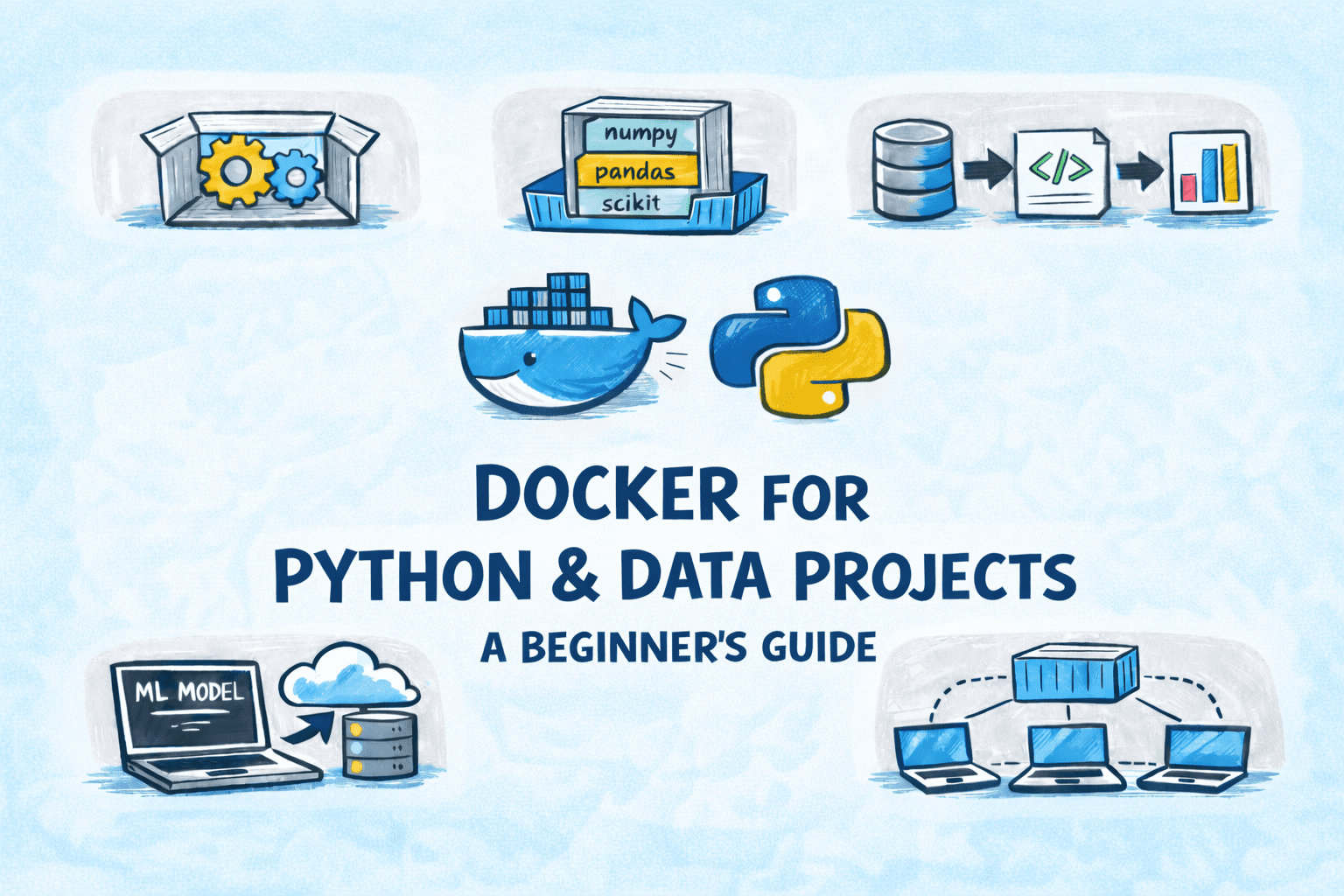 파이썬 및 데이터 프로젝트를 위한 Docker 활용 가이드의 핵심 개념을 시각화한 일러스트레이션입니다.