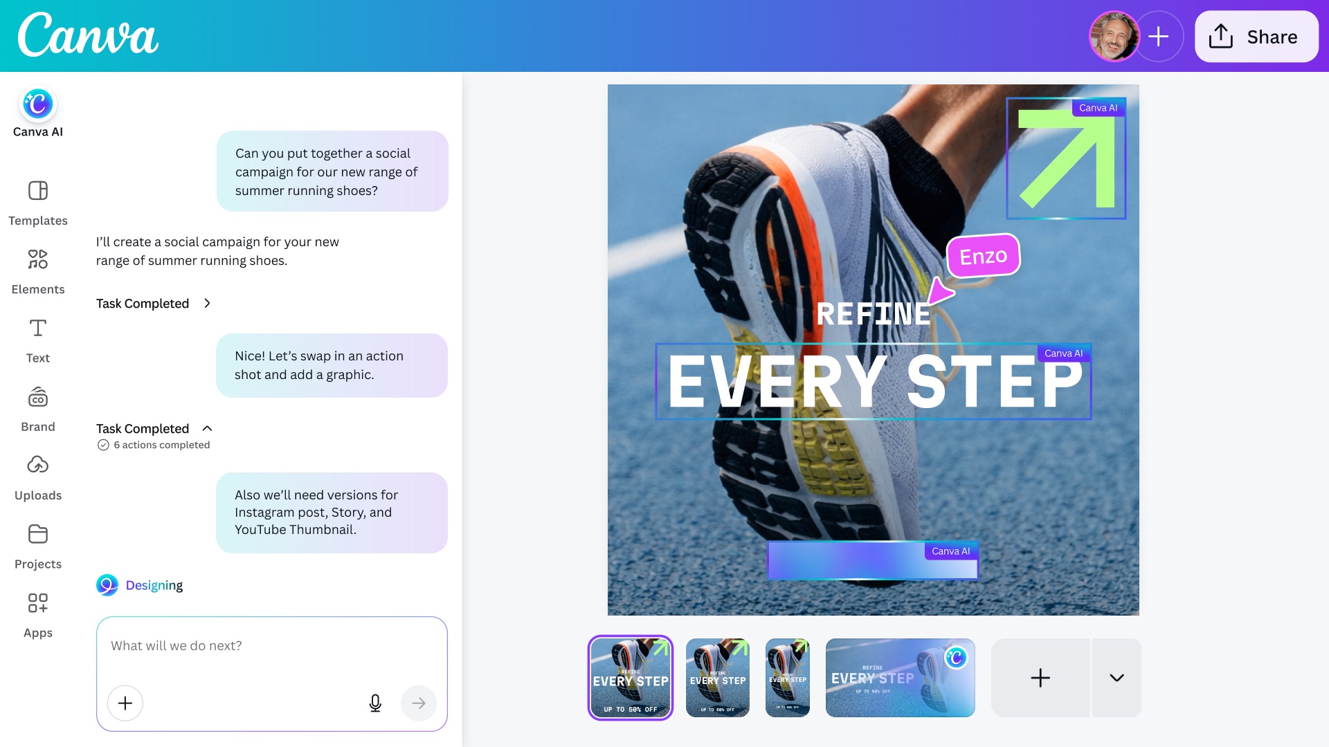 Canva AI 인터페이스에서 사용자가 소셜 캠페인 제작을 요청하고 AI가 작업을 수행하는 모습