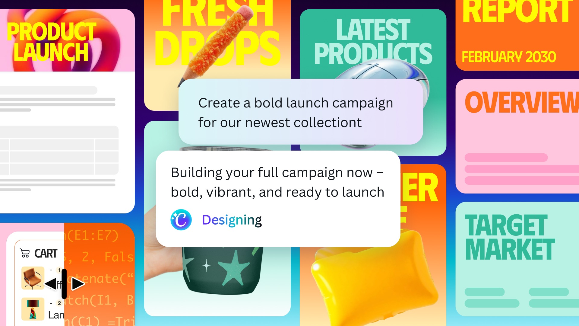 Canva의 AI 2.0 제품 기능을 보여주는 콜라주 이미지이다.