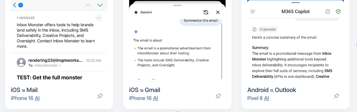 라이브 텍스트와 Alt 텍스트가 포함된 이메일이 iOS, Gmail, Android에서 어떻게 AI 요약되는지 보여주는 비교 스크린샷