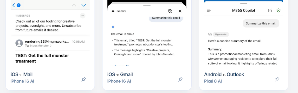 텍스트 정보가 없는 이미지 전용 이메일이 AI 요약에서 실패하거나 부적절한 내용을 노출하는 사례 비교