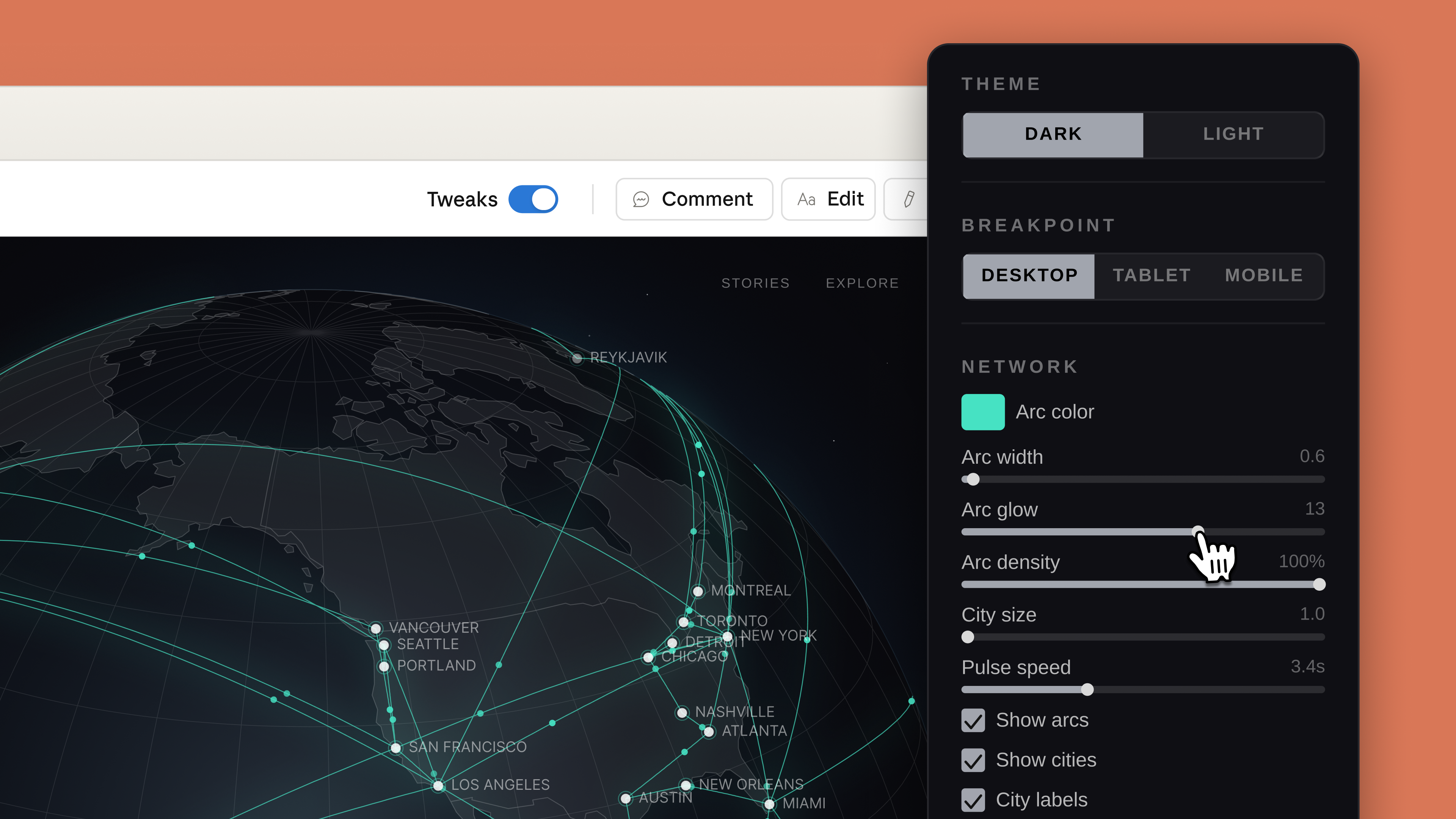 Claude Design의 사용자 인터페이스와 네트워크 시각화 조정 화면