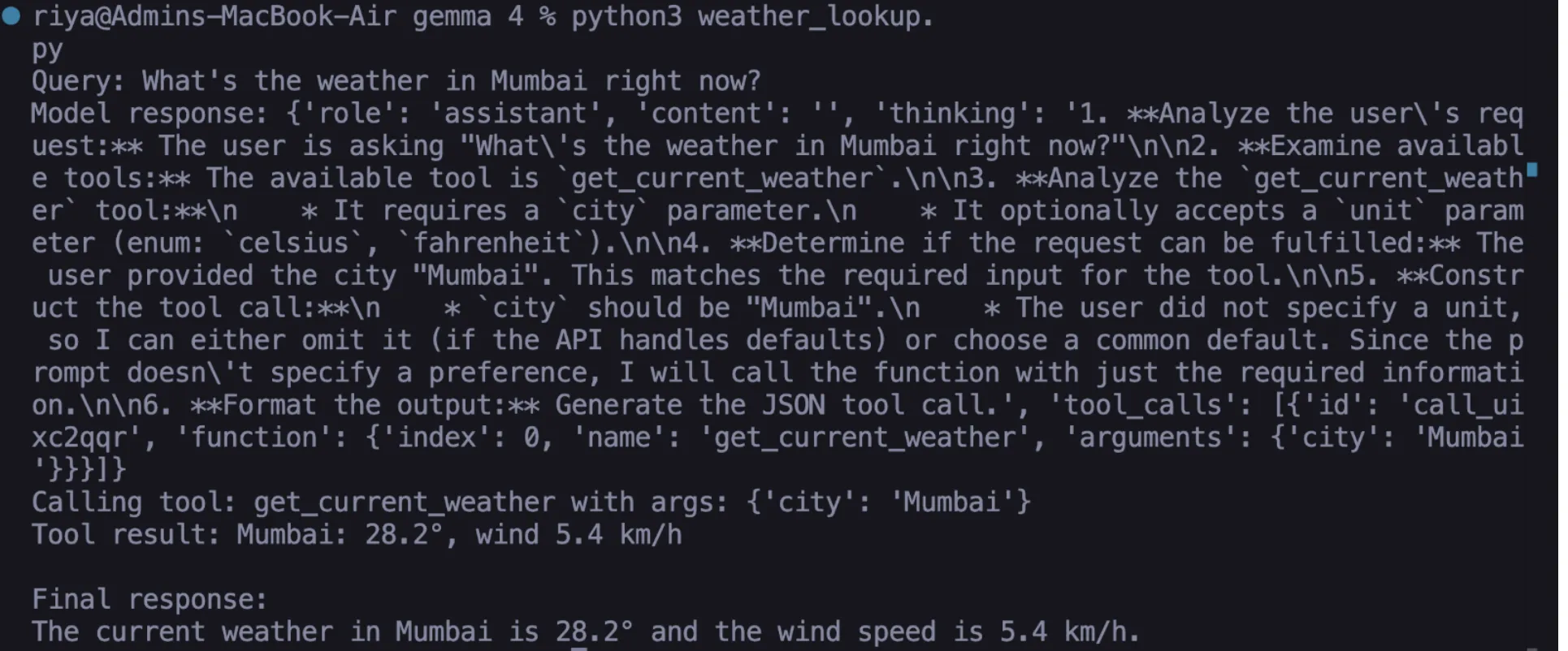 Gemma 4 모델이 날씨 정보를 조회하기 위해 도구를 호출하는 과정의 터미널 출력 예시입니다.