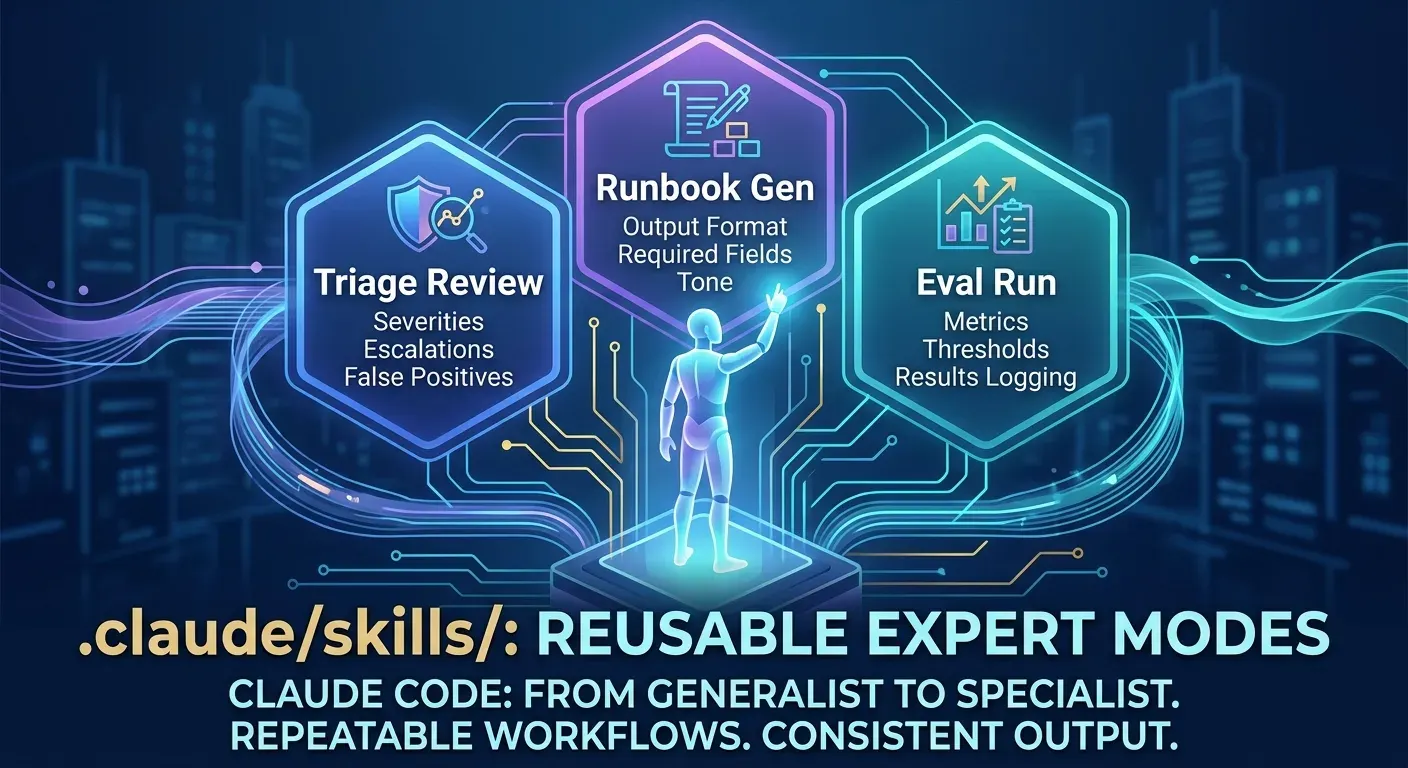 .claude/skills/ 디렉토리를 통한 재사용 가능한 전문가 모드 워크플로 개념도.