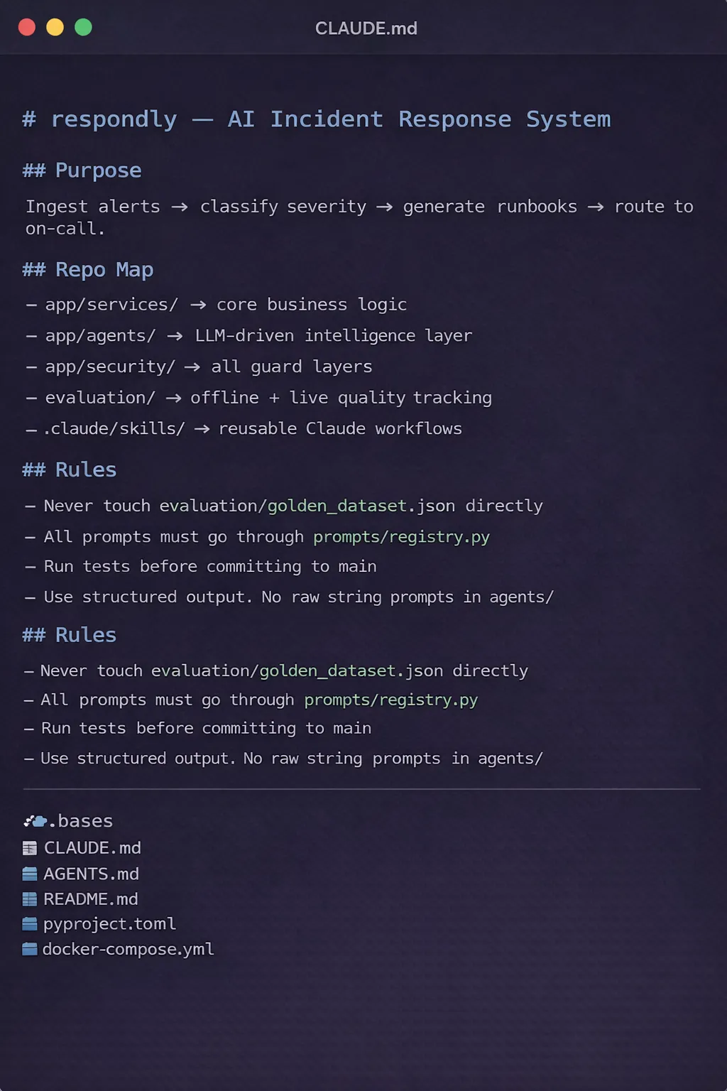 CLAUDE.md 파일의 예시 내용으로, 프로젝트의 목적과 리포지토리 맵, 규칙을 정의함.