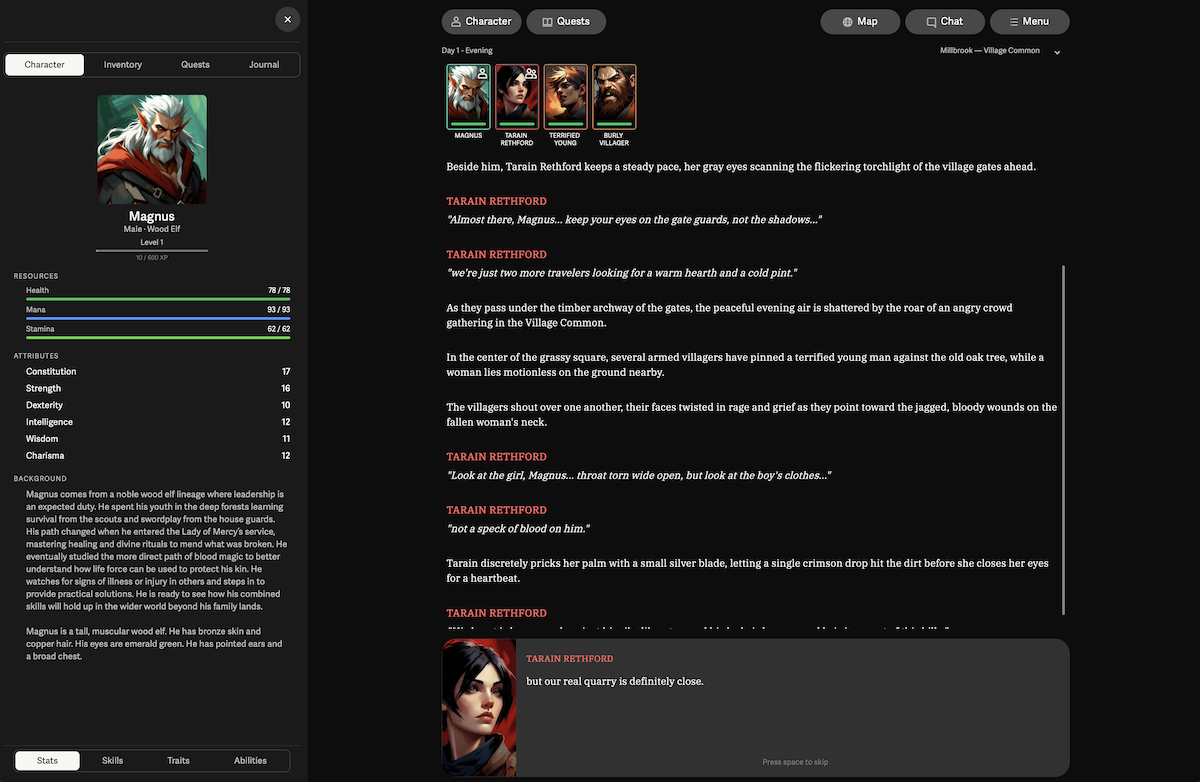 캐릭터 능력치 카드와 게임 진행 텍스트가 포함된 실제 게임 플레이 화면