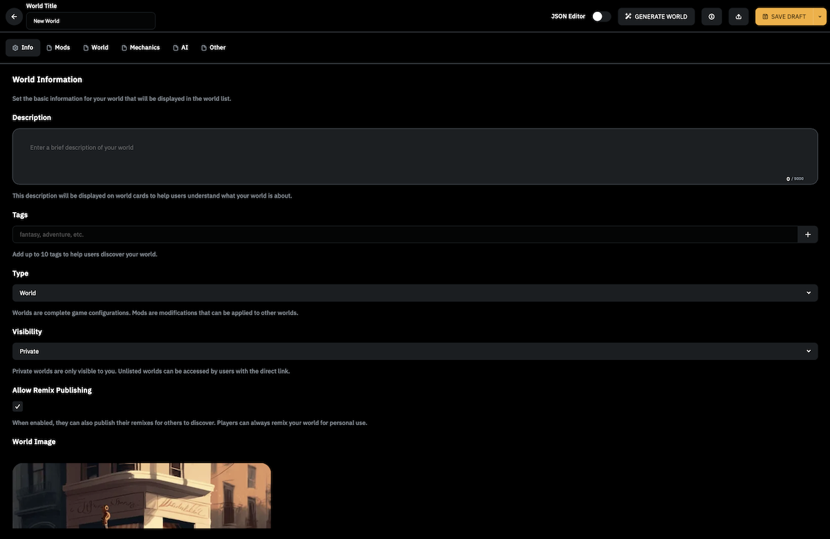 Voyage 플랫폼의 월드 생성 설정 화면 스크린샷