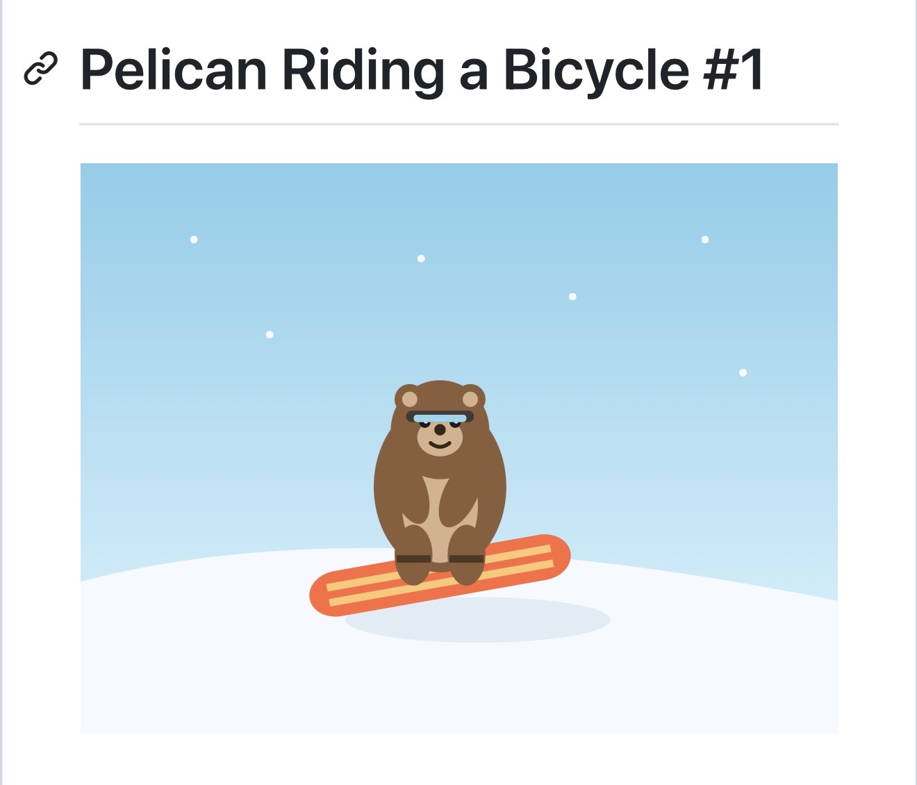 자전거 타는 펠리컨이라는 제목 아래 스노보드 타는 곰이 그려진 이미지
