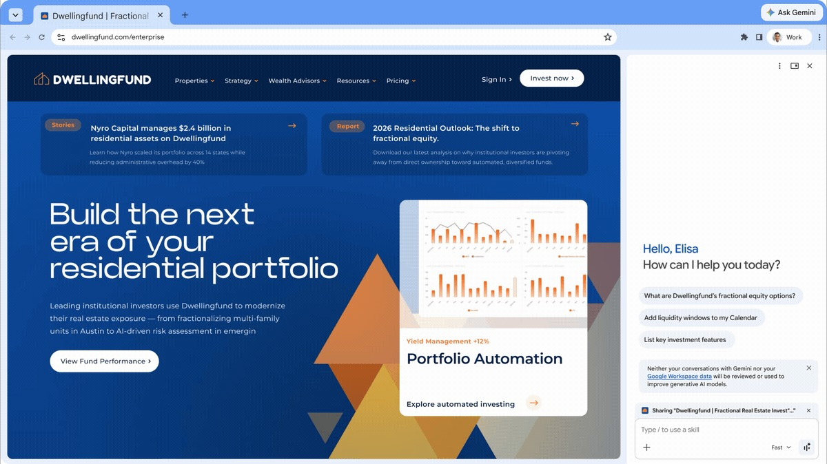 웹사이트 상에서 제미나이 에이전트가 스킬을 제안하는 팝업 화면