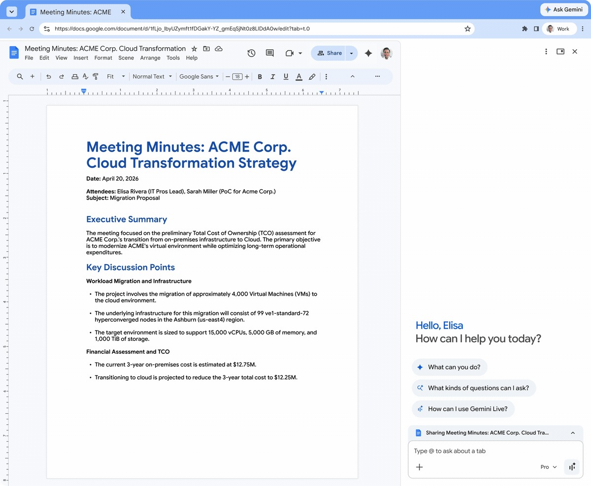 구글 문서 옆에 제미나이 사이드바가 활성화된 크롬 브라우저 화면