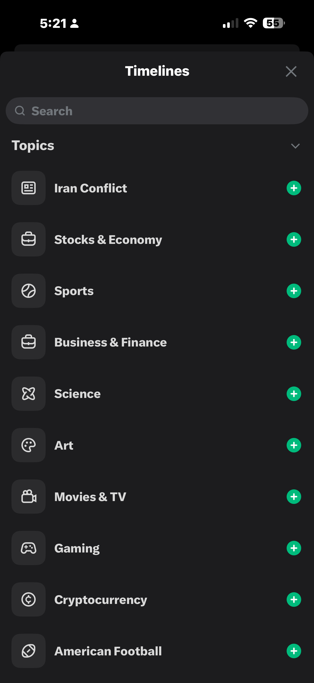 X 앱의 맞춤형 타임라인 주제 선택 화면 스크린샷