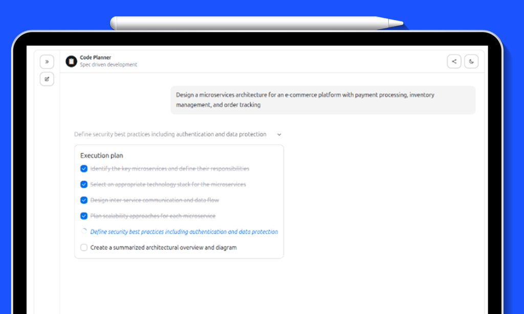 태블릿 화면에 표시된 ragbits 1.6의 코드 플래너 실행 화면