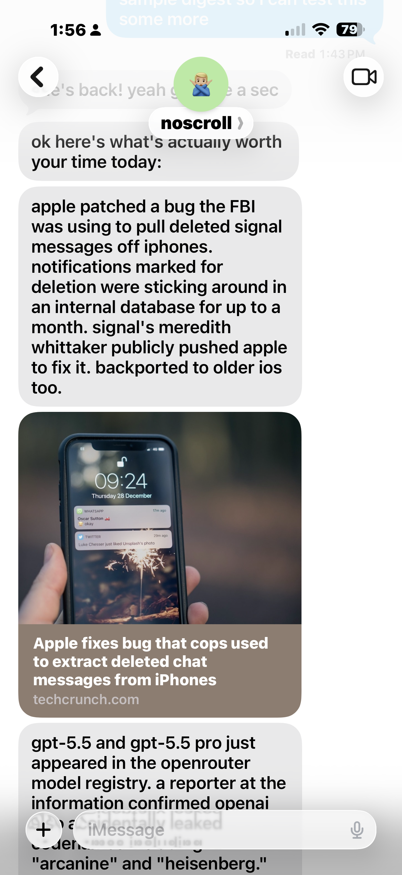 Noscroll AI 에이전트로부터 수신된 문자 메시지 요약본 스크린샷