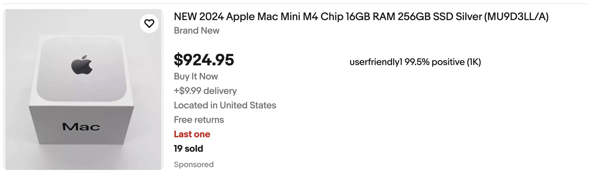 924.95달러에 판매 중인 신품 M4 Mac mini eBay 리스팅