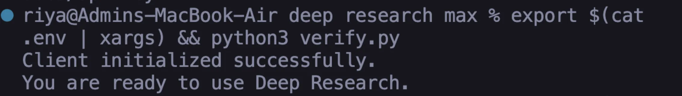 Deep Research API 실행을 위한 터미널 환경 설정 및 확인 화면